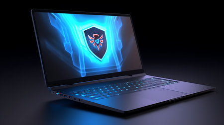 Laptop with shield, Cyber security concept. AI Generativeの素材
