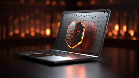Laptop with shield, Cyber security concept. AI Generativeの素材