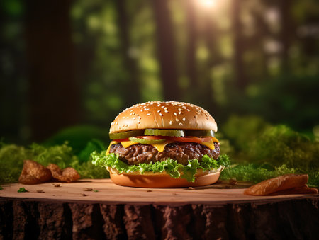 Promotional photo of burger traditional american food. AI Generativeの素材