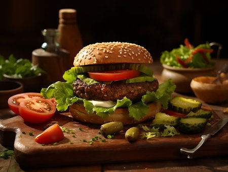 Huge veggie burger on wooden stand. AI Generativeの素材