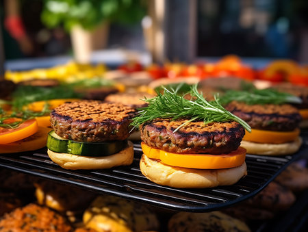 Cooking veggie burgers. AI Generativeの素材