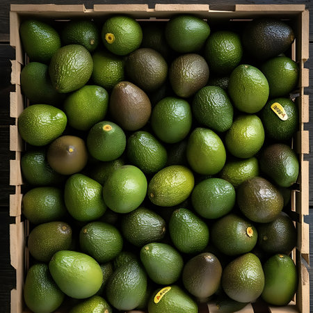 Set of avocados in small wooden boxes close-up. AI Generativeの素材