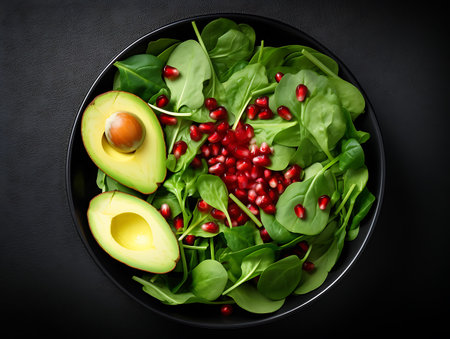 Healthy fresh salad with avocado, greens, arugula, spinach. AI Generativeの素材