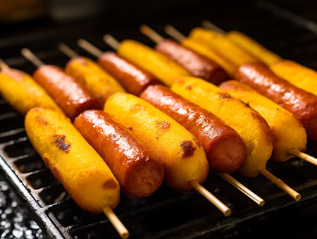 Korean Corn Dogs with Batter and Fried Potatoes. close up. AI Generativeの素材