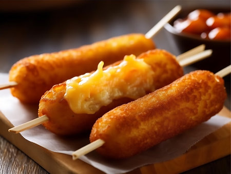 Korean Corn Dogs with Batter and Fried Potatoes. close up. AI Generativeの素材