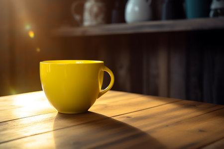 . Ai Generative,Yellow cup with coffee in dark kitchen.の素材