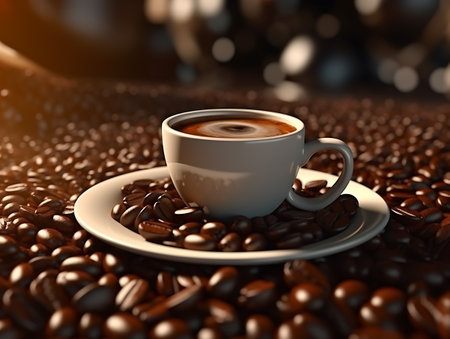 Cup of coffee on the coffee beans. close up. AI Generativeの素材