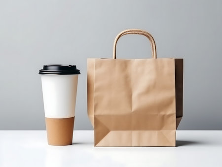 Craft paper bag with coffee cup on solid background.. Ai Generativeの素材