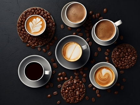 Cup of coffee on the coffee beans. AI Generativeの素材