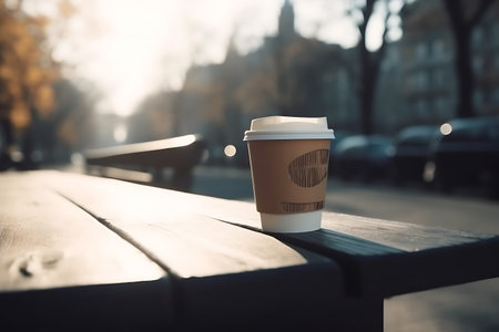 Paper coffee cup on wooden table. Close Up.Ai Generativeの素材