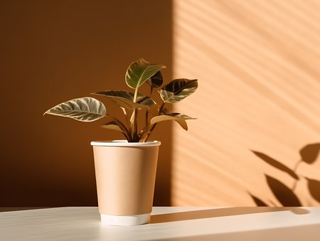 Paper coffee cup with foliage shadows copy space. Close Up.Ai Generativeの素材