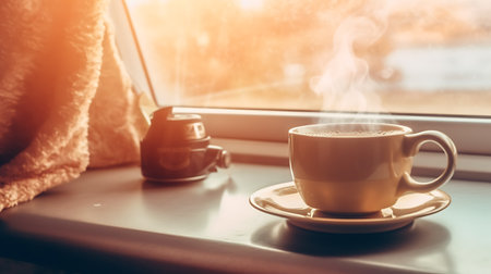 Steaming cup of coffee in a van life campervan living the slow life . AI Generativeの素材