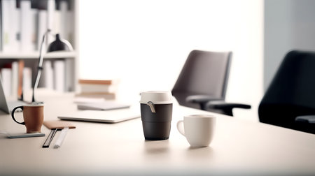 Table at home office with supplies and paper coffee cup against white wall. AI Generativeの素材