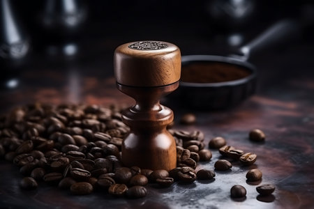 Tamper coffee with steam and coffee beans. close up. AI Generativeの素材