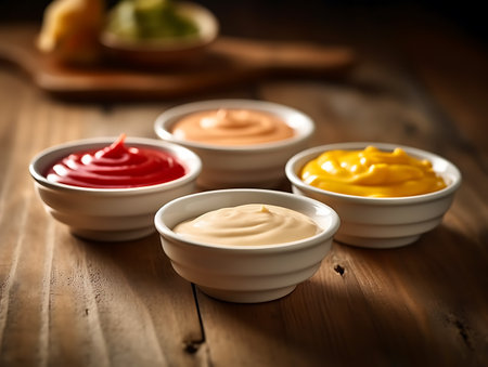 Ketchup, mustard and mayonnaise in bowls on wooden table. AI Generativeの素材