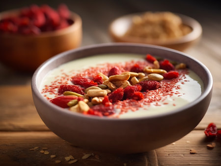 Smoothie bowl with goji berries on wooden table. close up. AI Generativeの素材