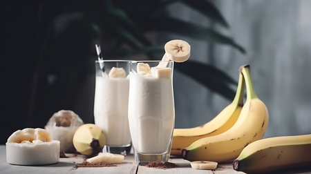 Banana smoothie in a glass dish on a light background. Close up. AI Generativeの素材