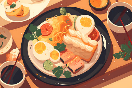 Served chicken, sushi, pasta, fried eggs, fruits. . AI Generative.の素材