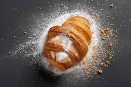 Tasty croissant with sugar powder on gray background. Top View. AI Generativeの素材