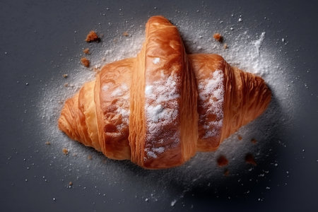 Tasty croissant with sugar powder on gray background. Top View. AI Generativeの素材