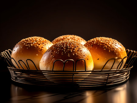 Freshly Baked Hamburger buns. Close Up. AI Generativeの素材