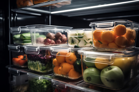 Storage containers with fresh food in a refrigerator. Close Up.Ai Generativeの素材