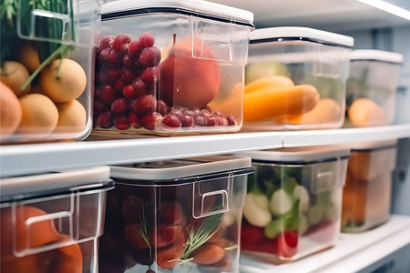 Storage containers with fresh food in a refrigerator. Close Up.Ai Generativeの素材