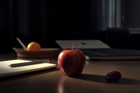 Green apple on teacher desk. Close Up. AI Generativeの素材