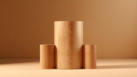 Cylinder shape wooden podium for food adn products. AI Generativeの素材