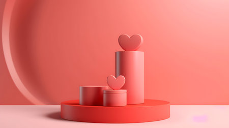 Valentine's day background with pink, coral red realistic cylinder stand podium.の素材