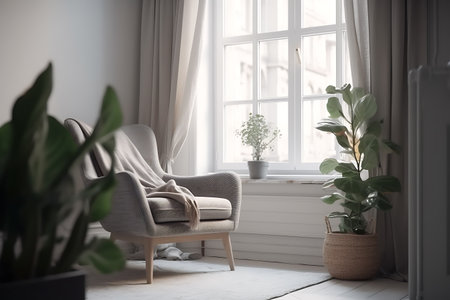 Soft armchair and houseplant near window with blinds in spacious room.の素材