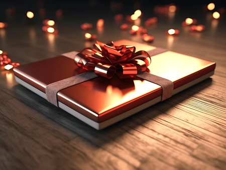 Christmas gift box on tablet Closeupの素材