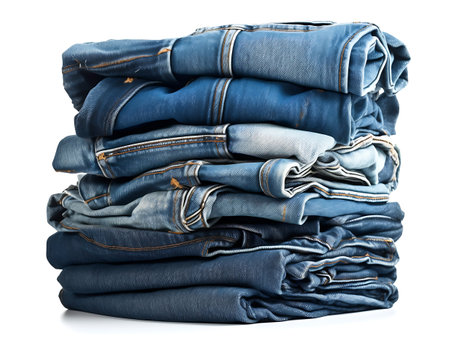 Stack of jeans isolated on solid white backgroundの素材