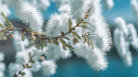 Blooming fluffy willow branches in spring close-upの素材