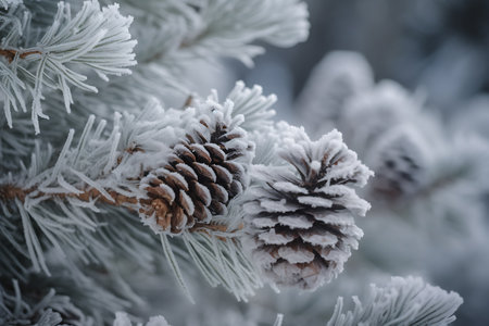 Beautiful natural background image of banner format on New Year theme - branches of a coniferous tree with cones covered with hoarfrost against the background of small snowdriftsの素材