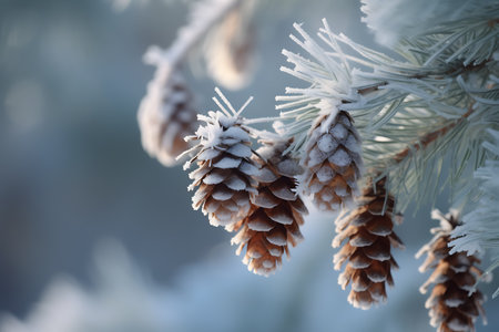 Beautiful natural background image of banner format on New Year theme - branches of a coniferous tree with cones covered with hoarfrost against the background of small snowdriftsの素材