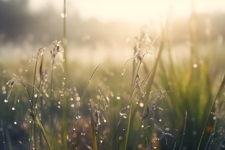 Soft blurred natural picture with wild grass in morning dewの素材