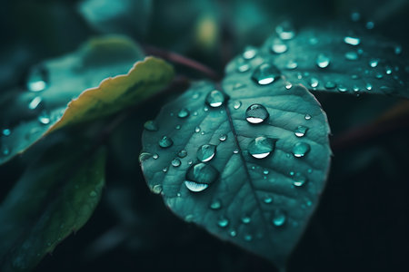 Large drop water reflects environment. Background image in turquoise and green tonesの素材