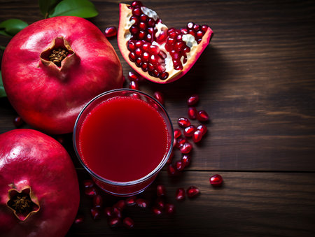 Pomegranate juice in a glass on a wooden background.の素材