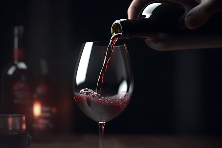 Red wine in a deep glass close-up on a dark backgroundの素材