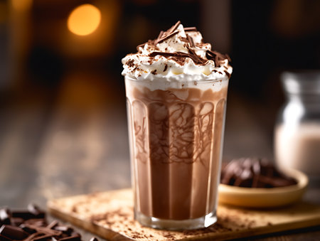 Iced chocolate milkshake drink on wood background close-upの素材