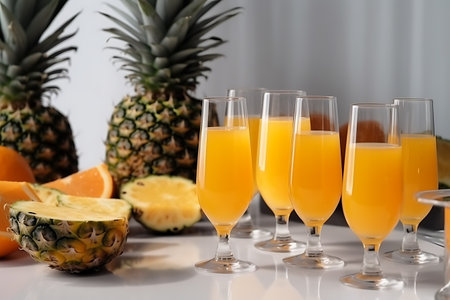 Pineapple and orange juices in glasses on white table closeupの素材