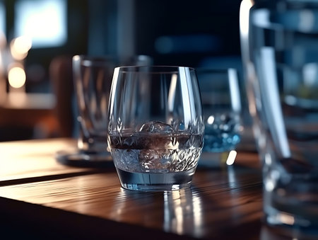 Glassware of fresh water on table indoorsの素材