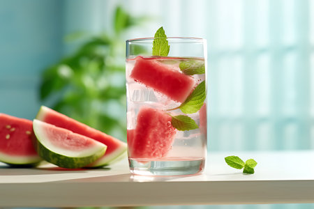 Tasty summer watermelon drink in glass on table close-upの素材