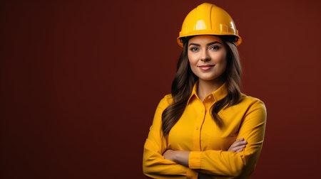 young woman Engineer standing over isolated background.の素材