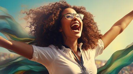 Happy african american woman with curly hair and glasses on the background of the cityの素材