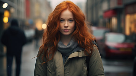 Young red hair plus size woman in the street.の素材