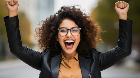 Beautiful hispanic woman wearing elegant shirt and glasses very happy and excited doing winner gesture with arms raised, smiling and screaming for success. celebration concept.の素材