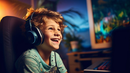 Little boy in headphones playing video games at home. Kid having fun.の素材