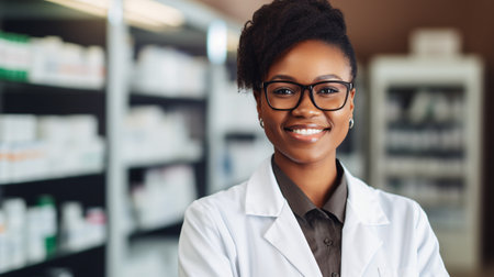 African american woman pharmacist smiling confident standing at pharmacy.の素材
